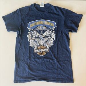 Baltimore Ravens Harley Daivsion Motor Skull Mens Short Sleeve T-Shirt Blue Sz M